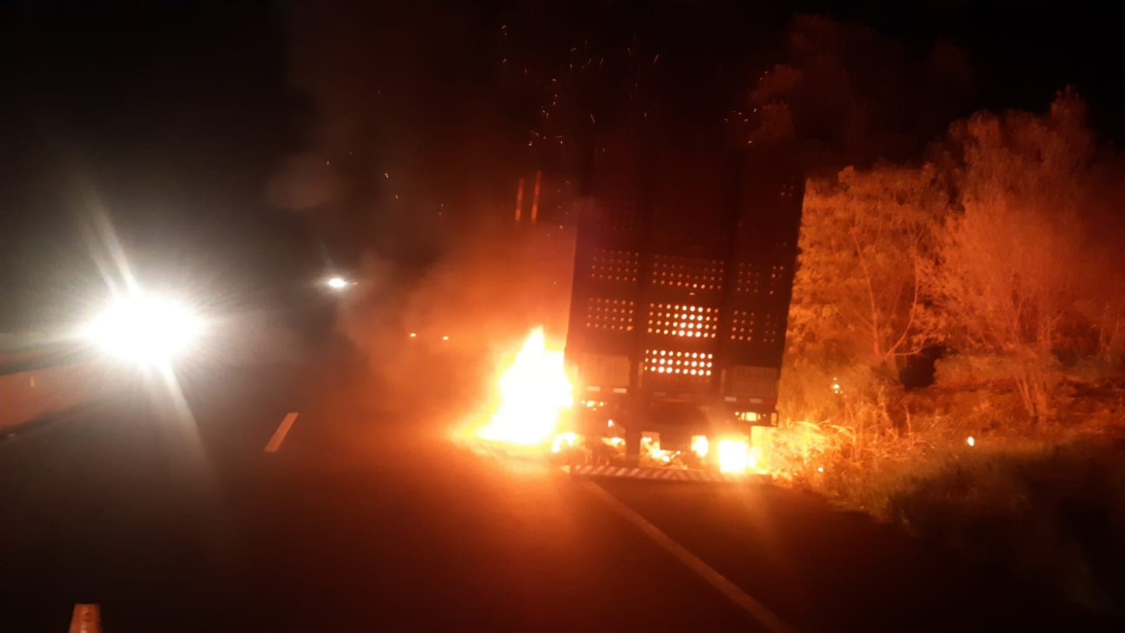 Rodado de bitrem pega fogo e bombeiros são acionados na BR-376