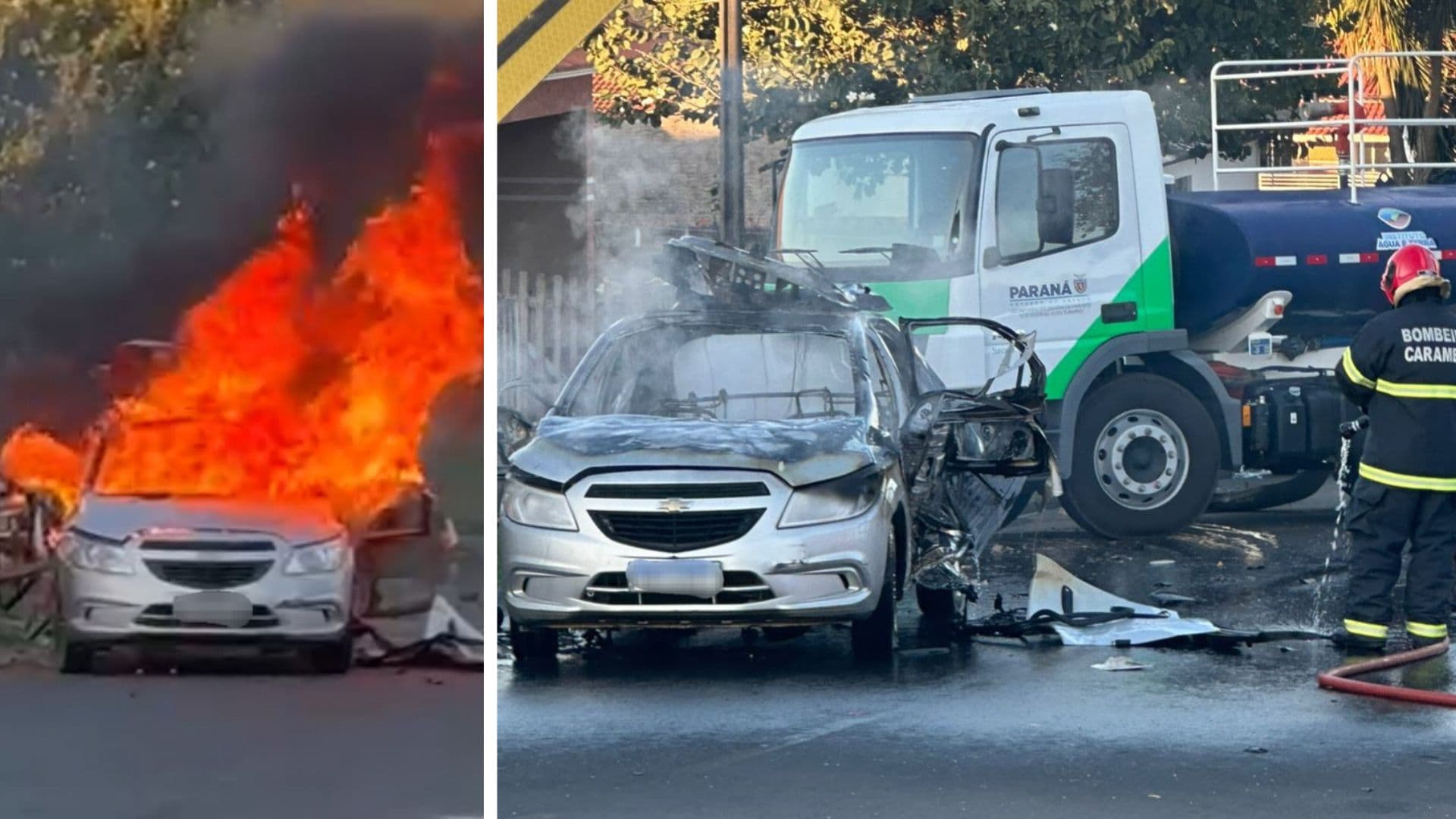 Carro pega fogo, explode e fica destruído em Carambeí