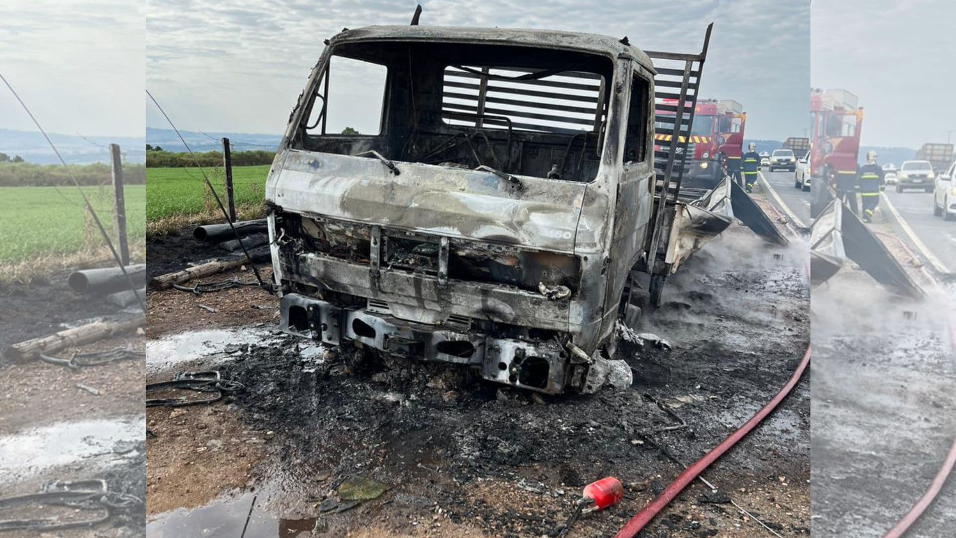 Incêndio destrói caminhão carregado com canos de PVC na PR-340
