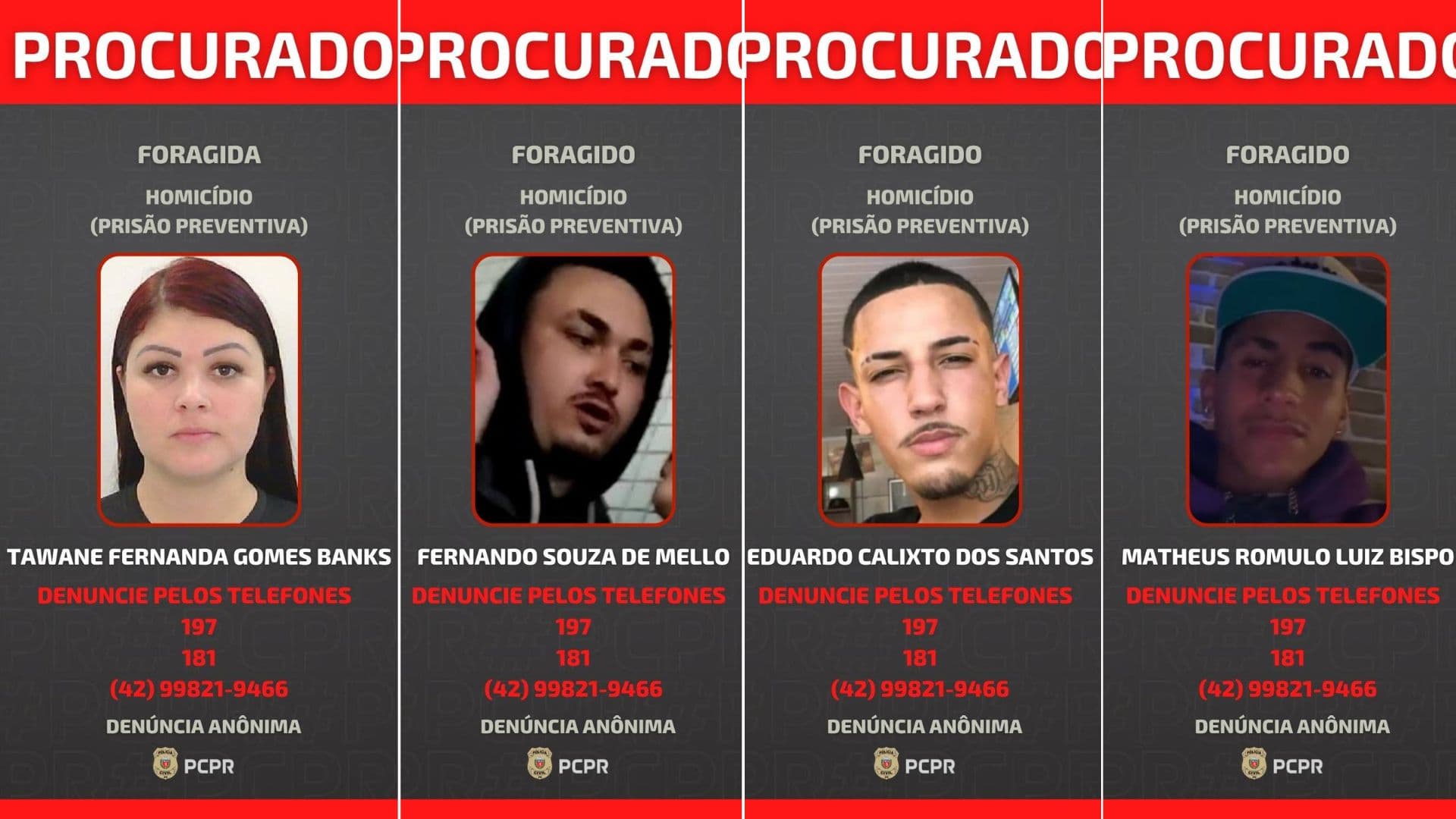 Fotos divulgadas pela PCPR de foragidos por homicídio em Telêmaco Borba