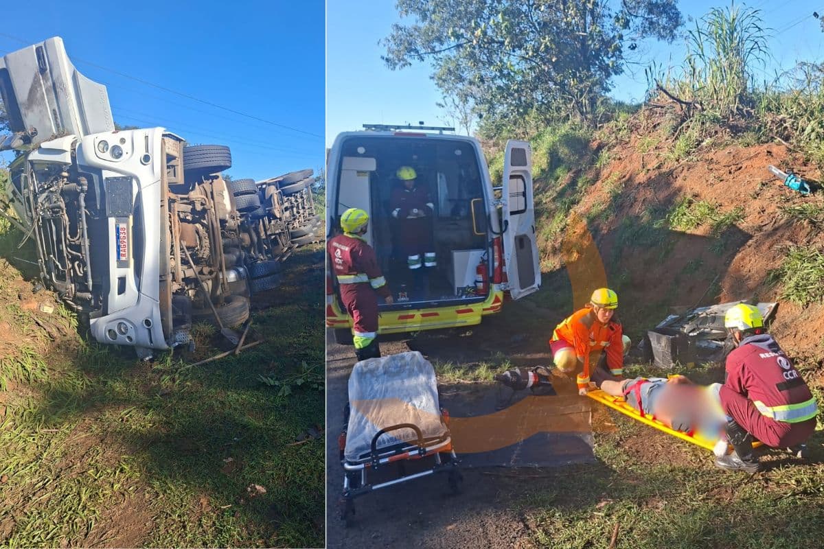 Caminhão carregado com frango tomba na BR-376 em Ortigueira