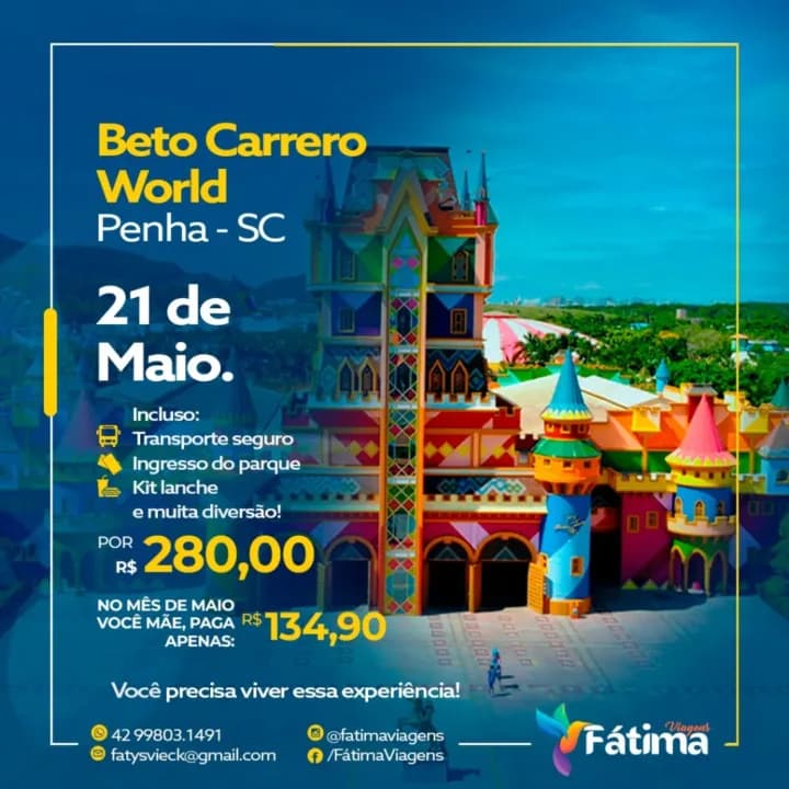 O valor da viagem é de apenas R$ 280, mas as mães que desejarem aproveitar o passeio em comemoração ao seu mês especial, pagam somente R$ 134,90