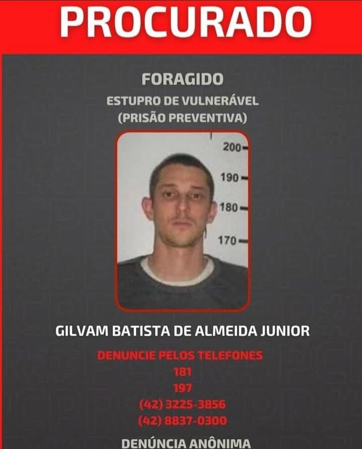 Polícia divulga imagem de foragido por estupro de vulnerável em Ponta Grossa